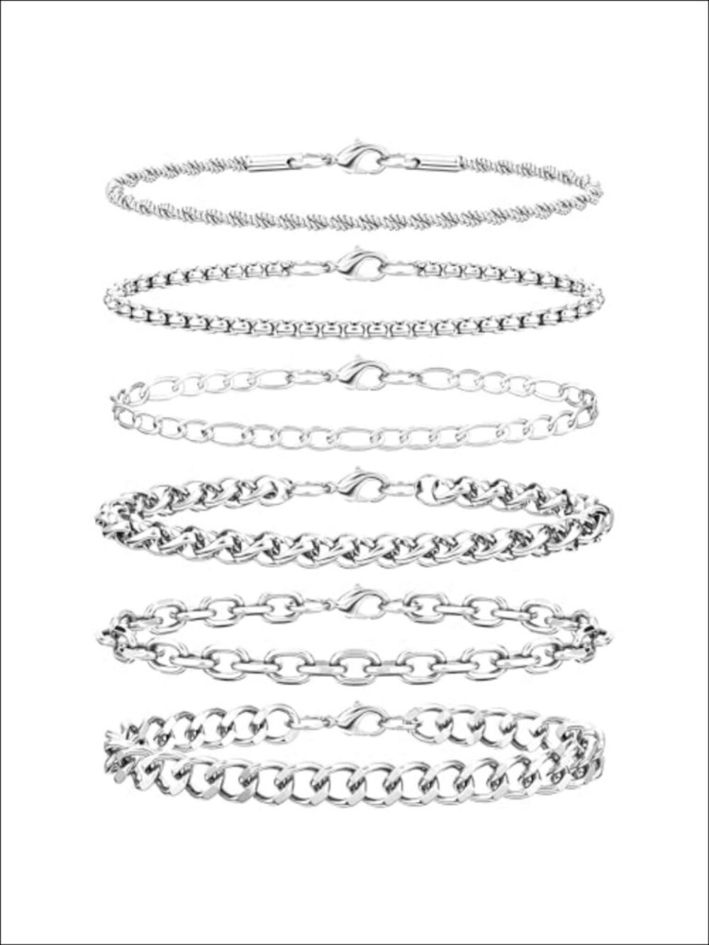 6PCS 316L Stainless Steel Chain Bracelet Set for Men Women 7 Inch